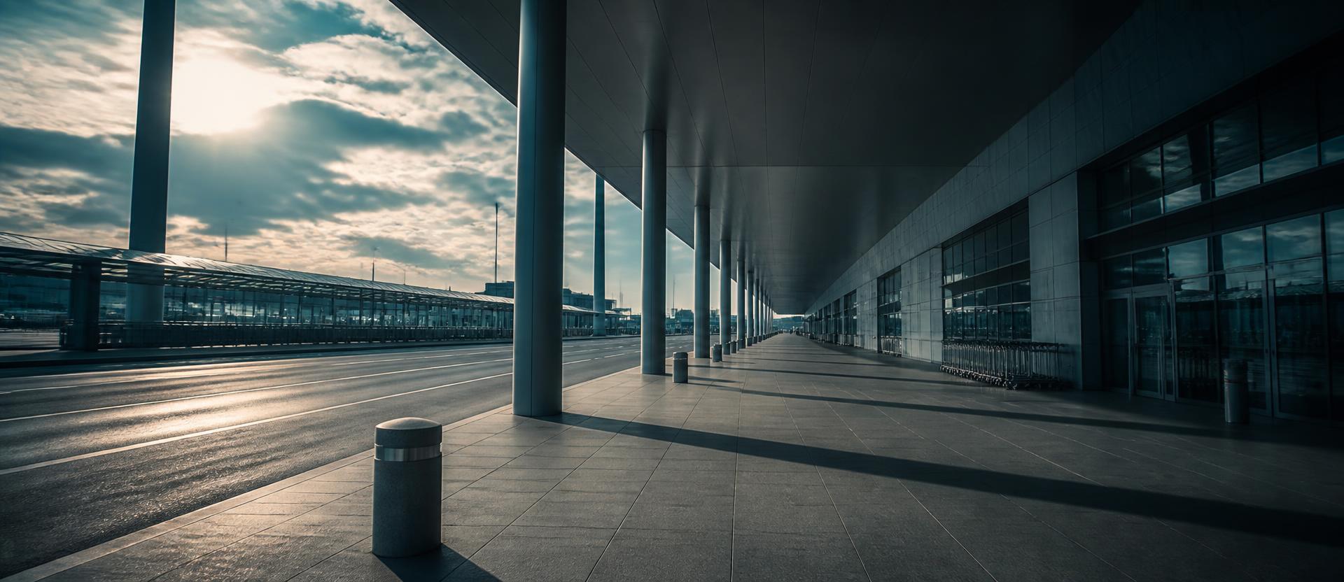 An airport terminal forecourt in late afternoon light, kerbside lane empty.