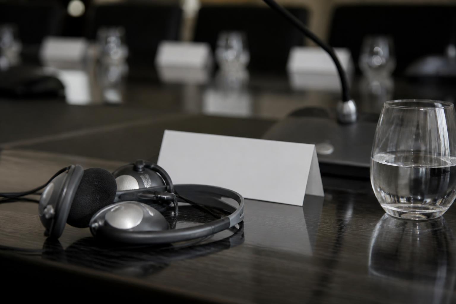 Interpreter headsets resting on a boardroom table beside a blank place card and a glass of water.