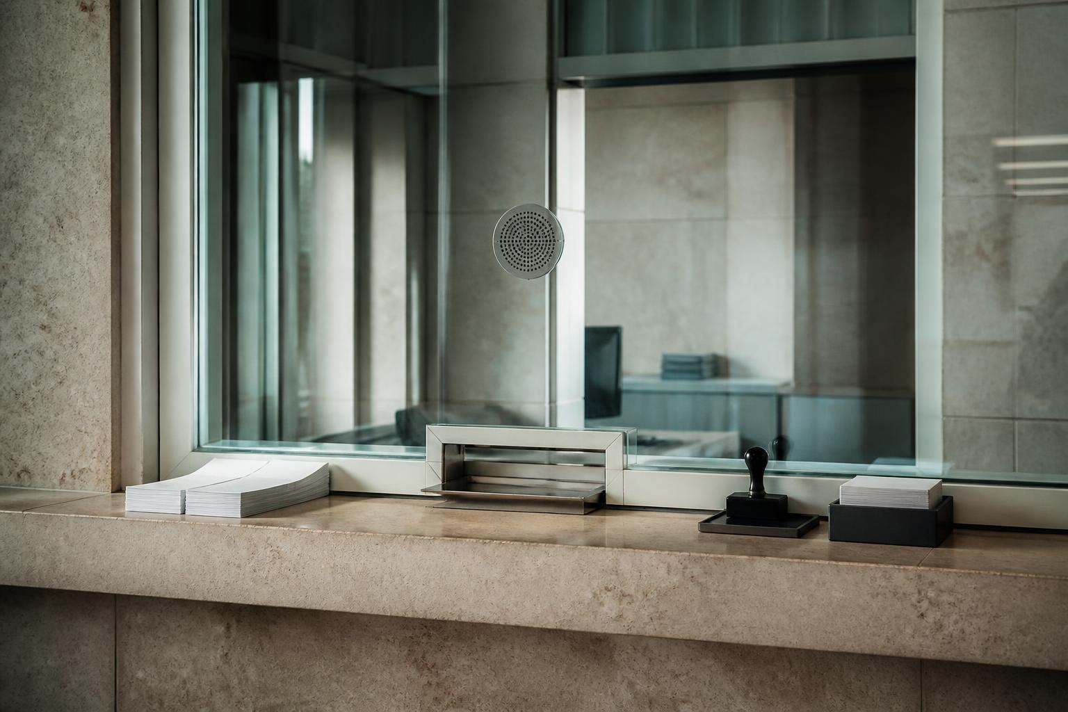 An empty consulate document counter: stacked forms, a stamp and a pass-through tray behind glass.