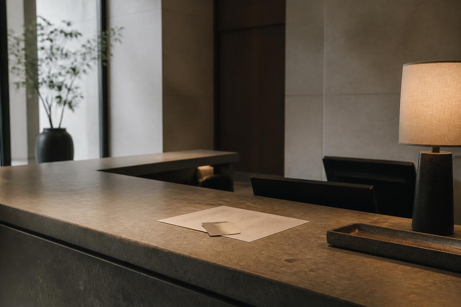 A hotel front desk at shift handover: a key card resting on a printed arrivals list, nobody at the counter.