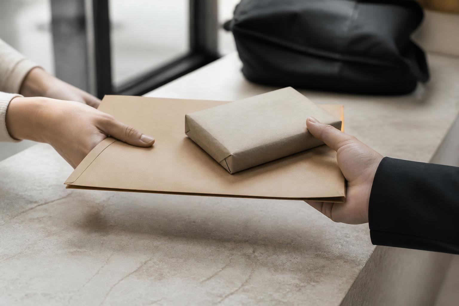 A plain envelope and a wrapped parcel handed across a limestone counter, only hands in frame.