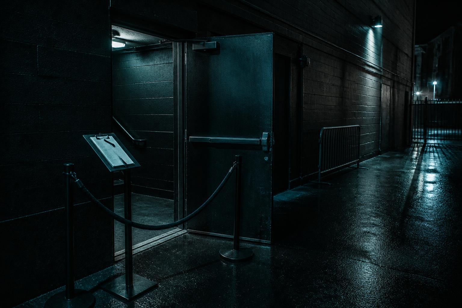 The staff side entrance of a venue before doors open: a door held ajar, a rope line and a clipboard of names on a stand.