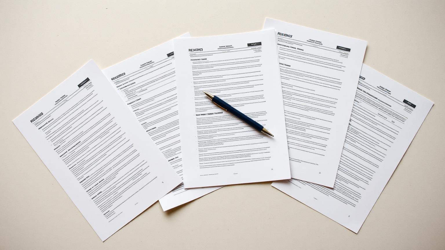 Five separate printed run sheets fanned across a limestone desk with a pen resting on them, the text deliberately unreadable.