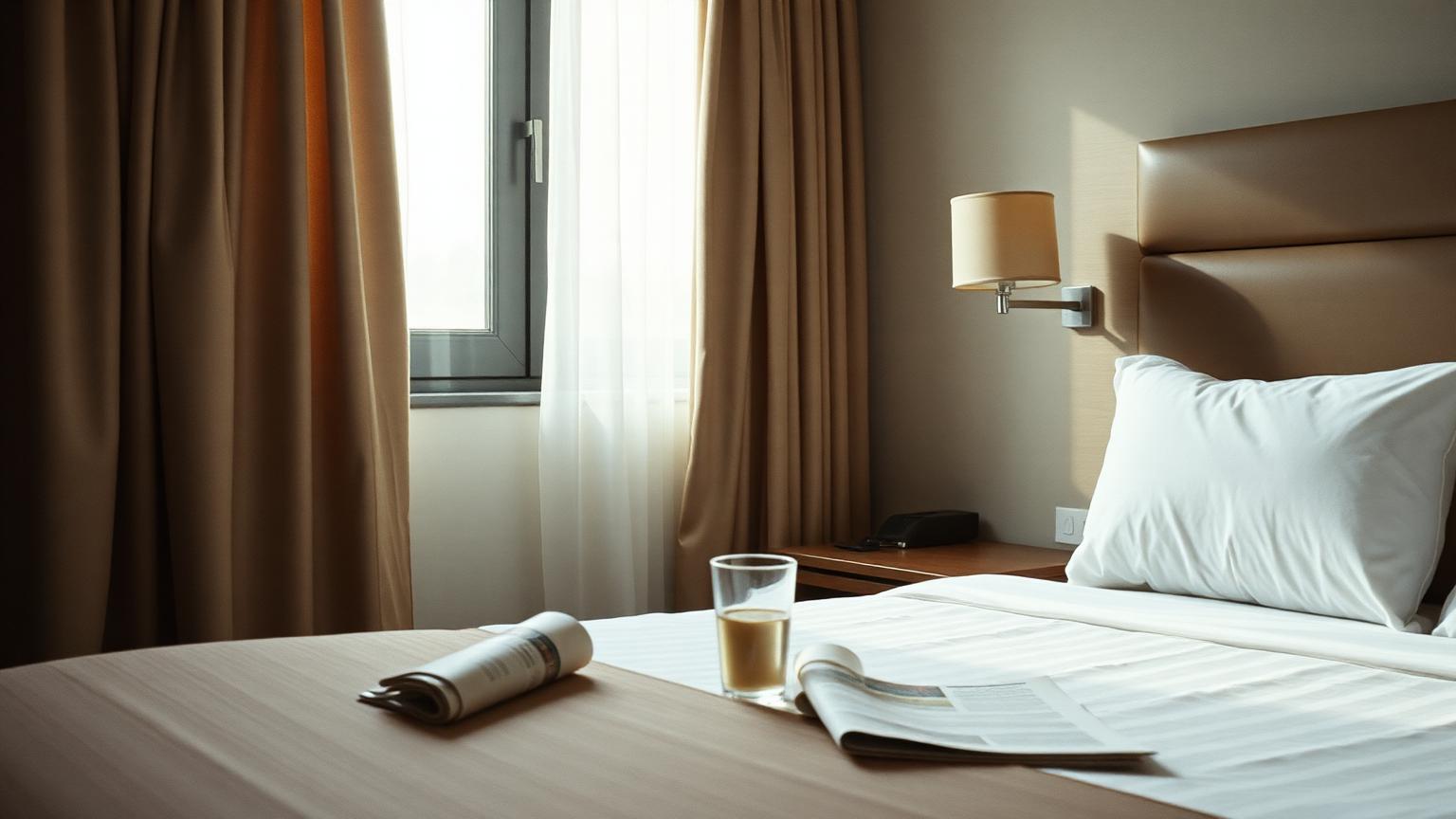 A hotel room with the bed turned down and a glass of water on the desk, held ready in the middle of the afternoon.