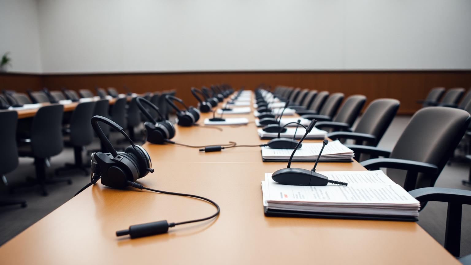 A long conference table set with interpreter headsets and microphones before the room fills.