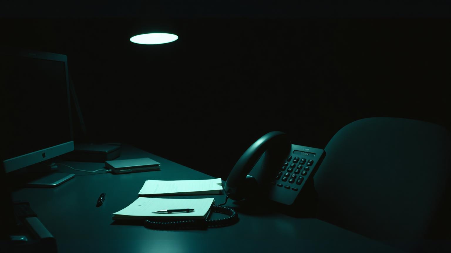 A desk telephone and a notepad under a single light in an otherwise dark operations room at night.