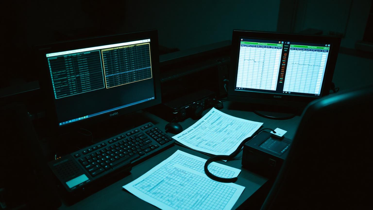 Two dispatch screens of movement rows at night beside printed manifests and a radio handset.
