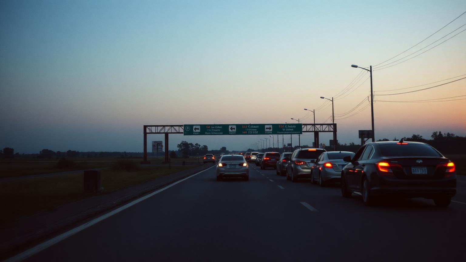 A line of cars queued on a two-lane road at a rural border crossing at dusk.