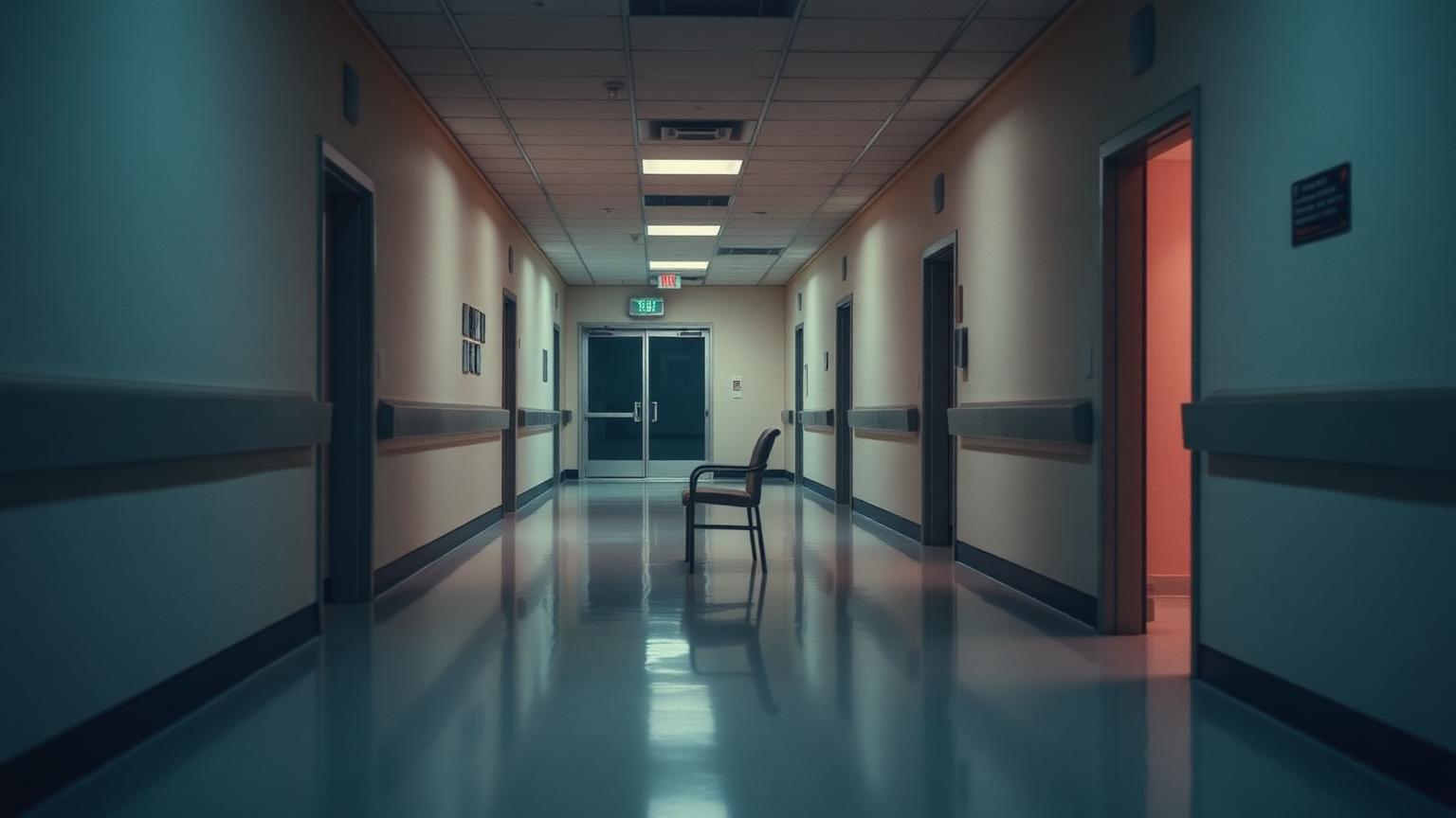 An empty hospital corridor at night, doors closed and a single chair against the wall.