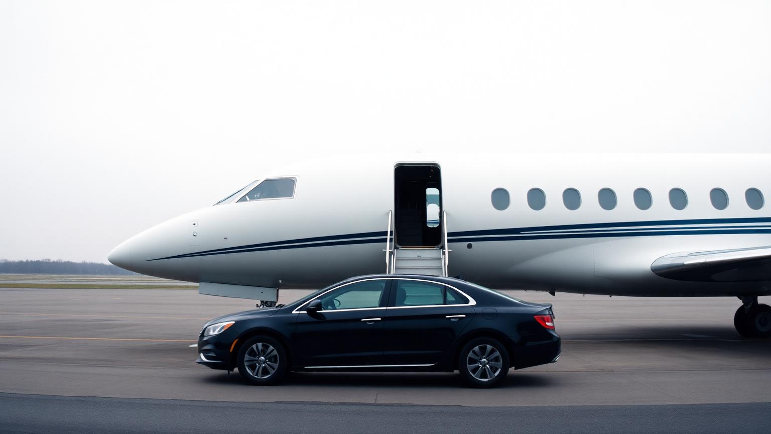 A private aircraft with airstairs down on the apron, a dark car waiting alongside in flat daylight.