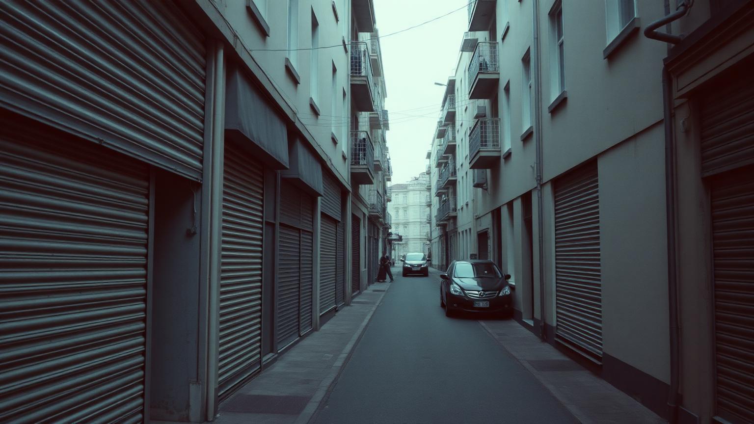 A narrow city street with shutters closed and no traffic, one parked car at the kerb.
