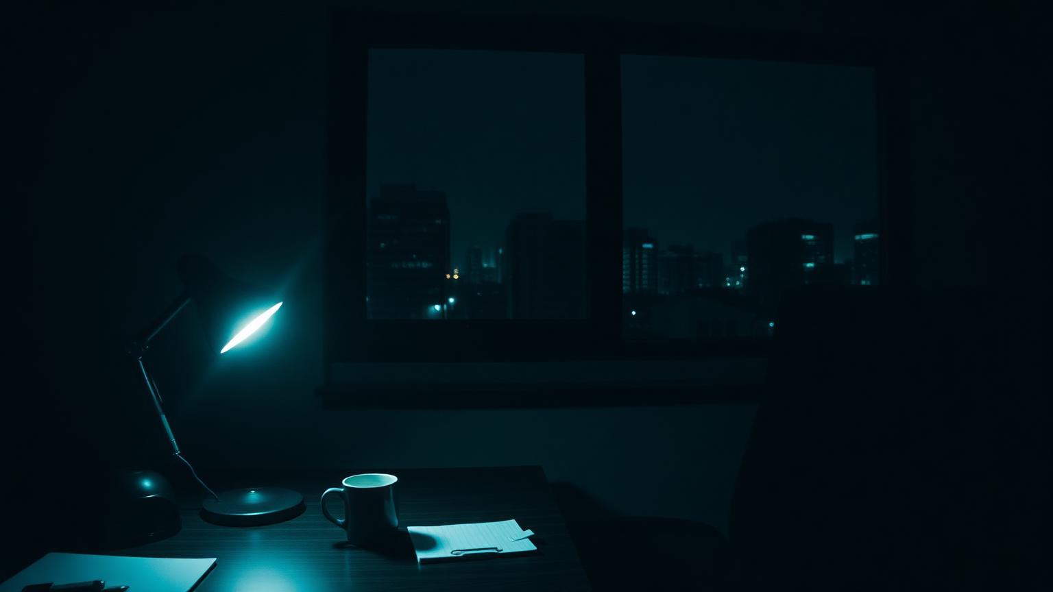 A single desk lamp lit in a dark office at three in the morning, the chair pushed back and the city dark beyond the window.