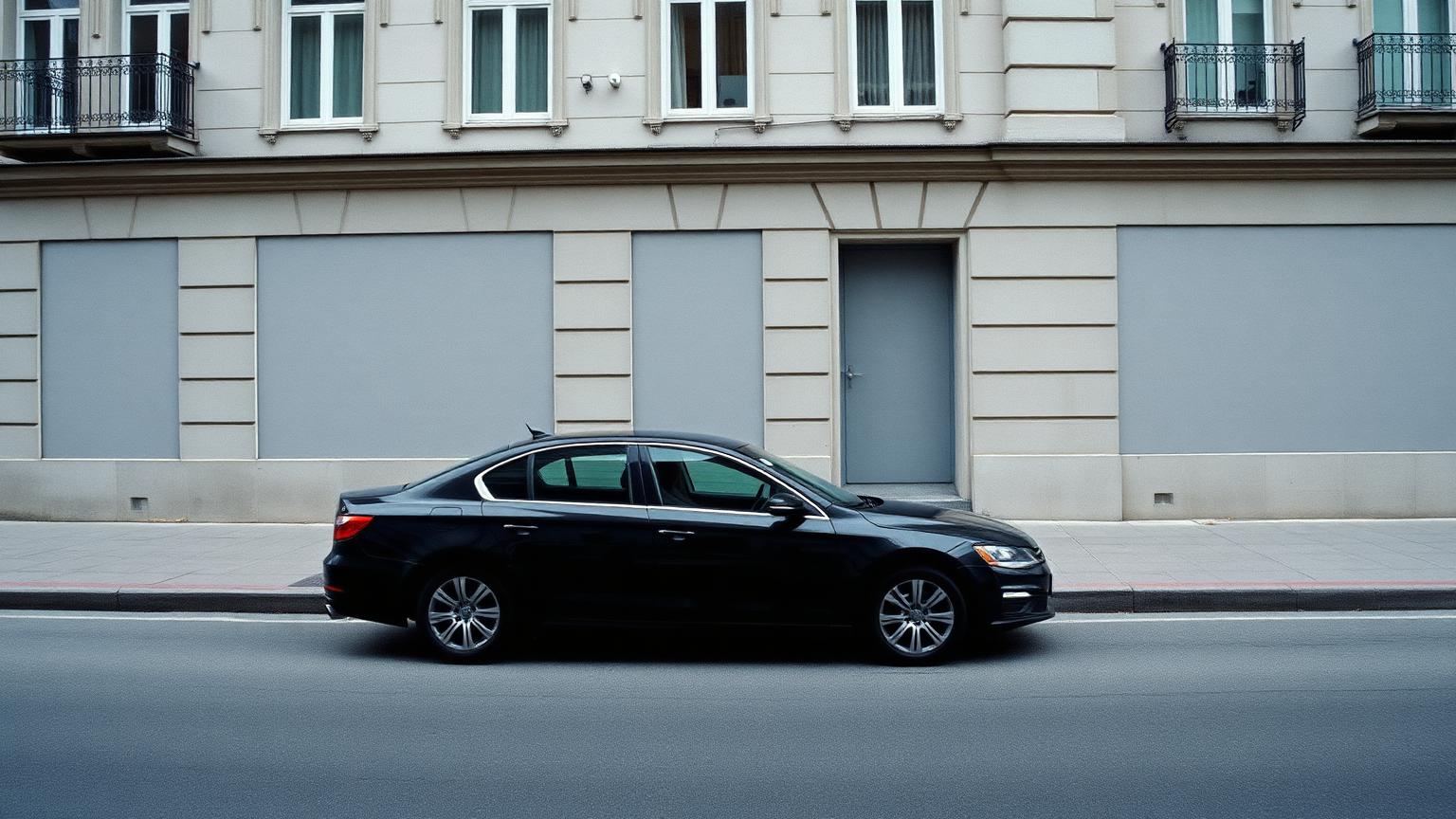 A black sedan waiting at the kerb outside a plain stone office facade in a European city at early morning.