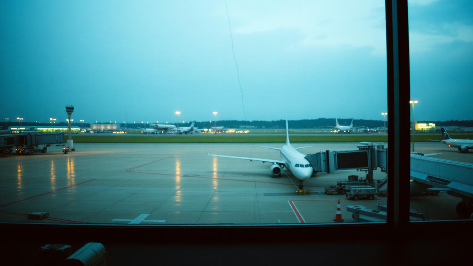 An airport apron seen through a rain-streaked terminal window at dusk, aircraft parked and nothing moving.