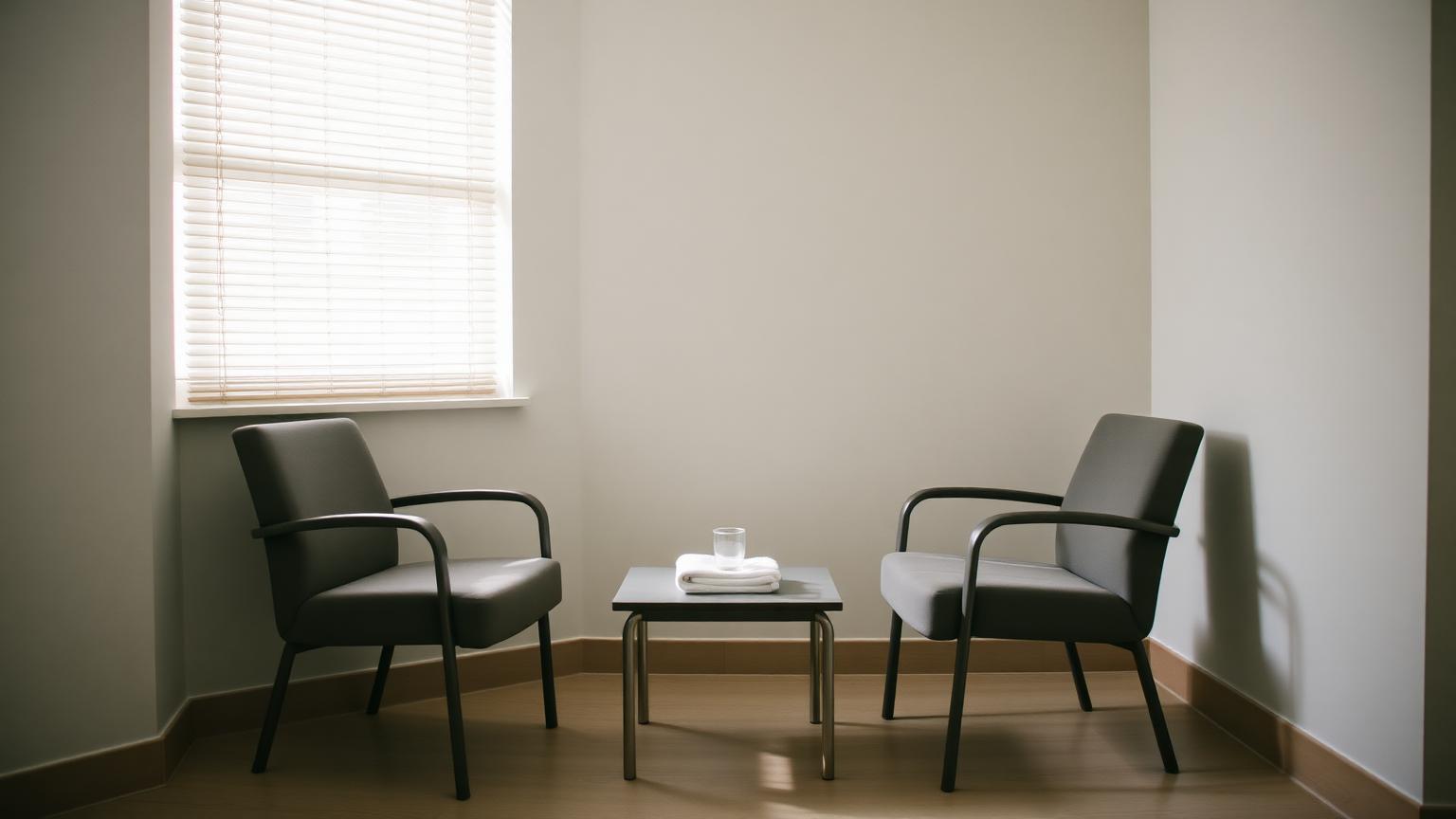 An empty private consulting room waiting area: two chairs, a low table with a folded towel and a glass of water, daylight through a slatted blind.