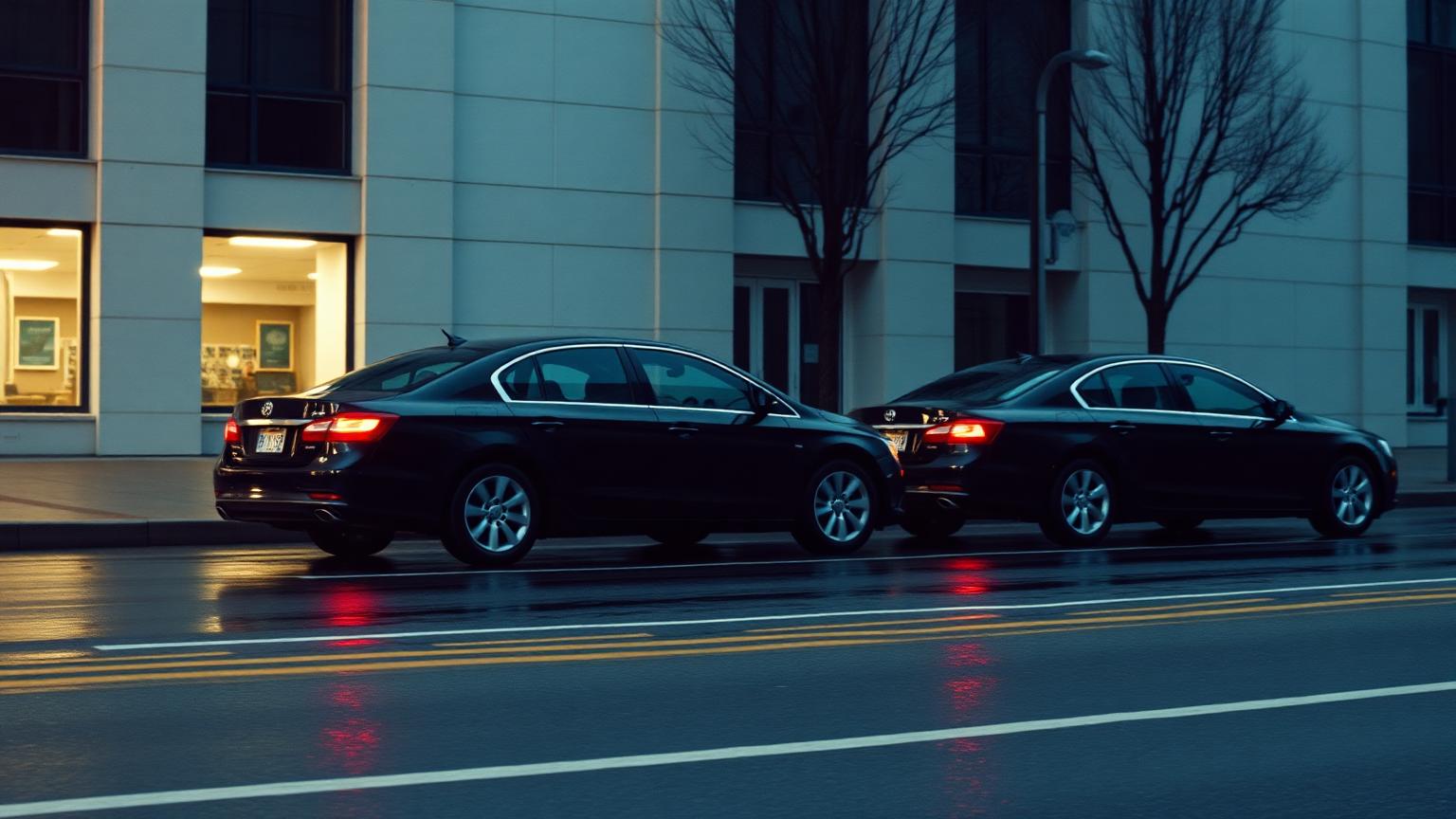 Black sedans staged nose to tail on a wet city street at dawn outside a plain office building.