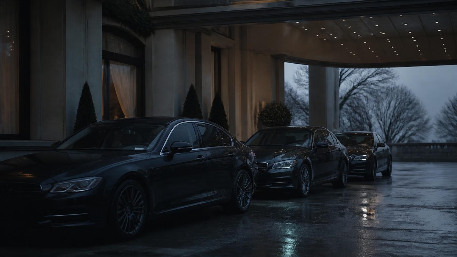 Three dark sedans staged nose to tail under a hotel portico at first light, wet asphalt, nobody yet in the cars.