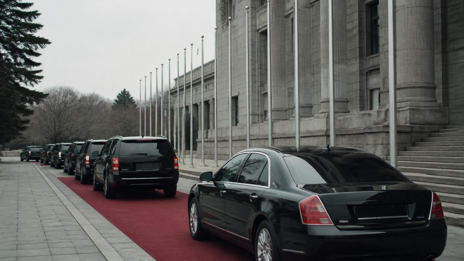 A motorcade sequenced along a carpet runner at a formal entrance, flagpoles standing in order beside the steps.