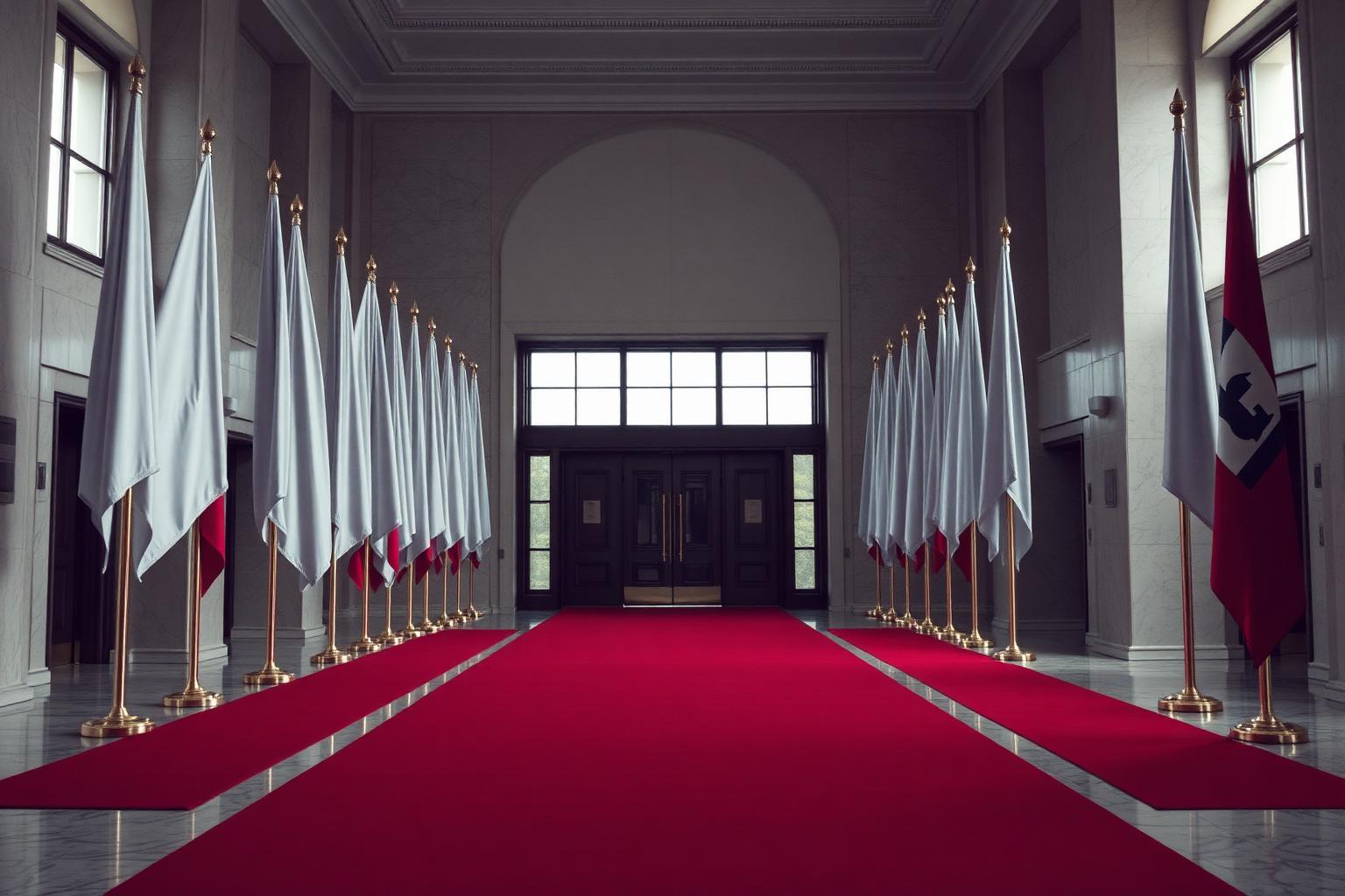 A line of flagpoles standing in order beside an empty carpet runner before a formal arrival.