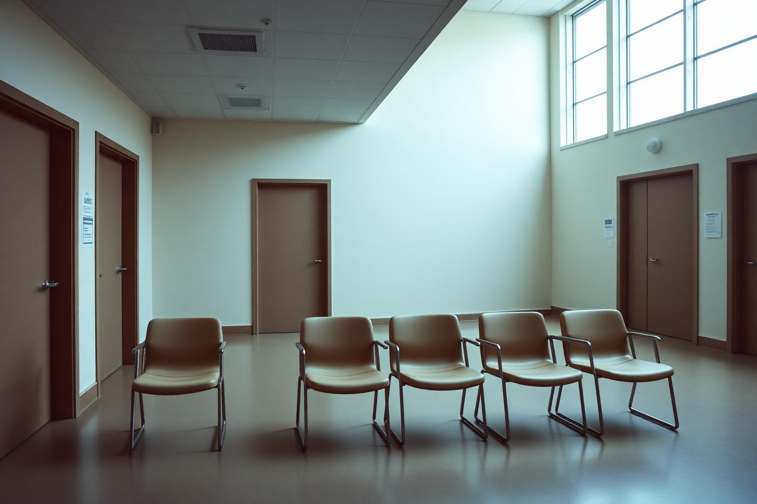 A specialist clinic waiting corridor between appointments: empty chairs along a pale wall, consulting doors closed.