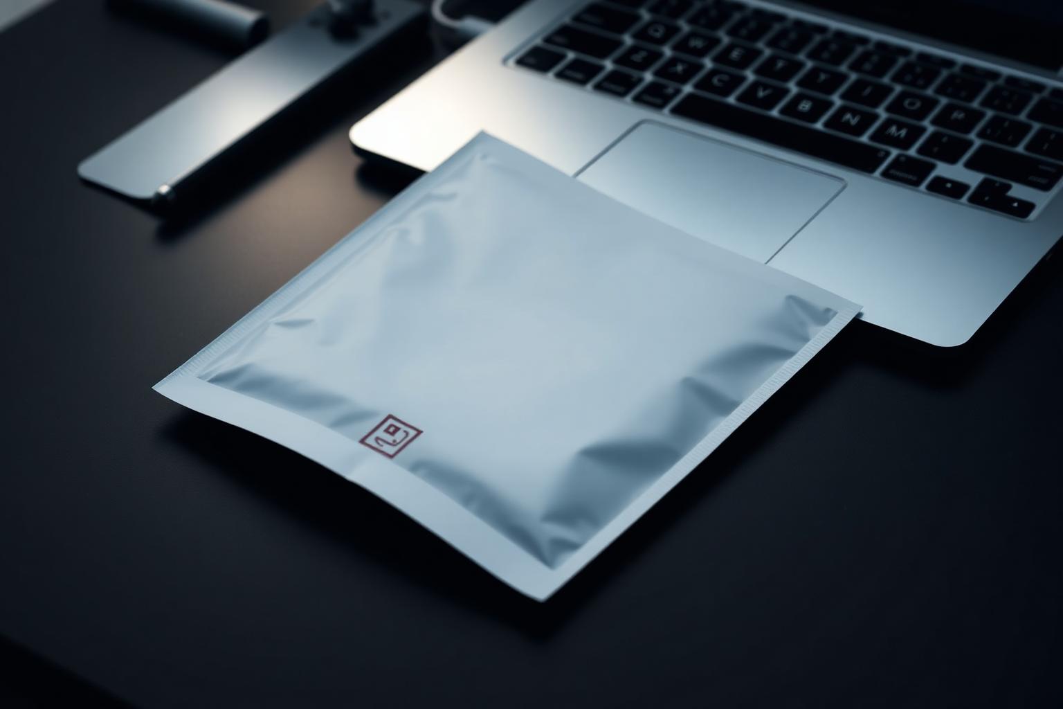 A sealed document pouch resting beside a closed laptop on a dark desk, one lamp lighting the seal.