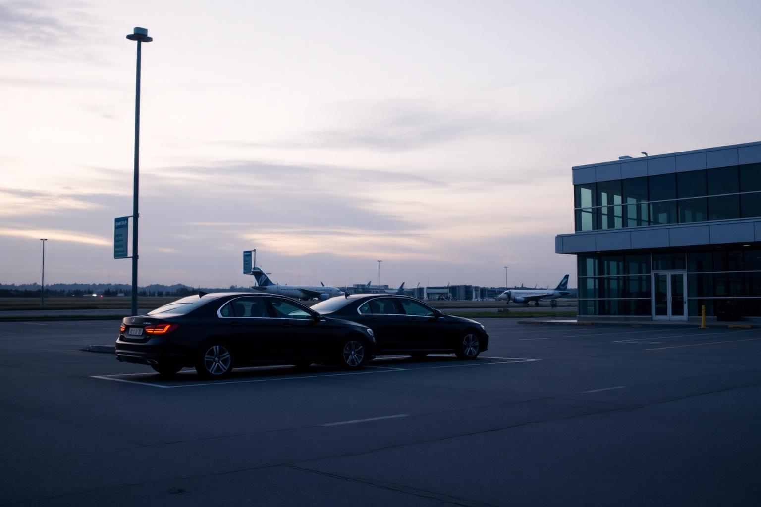 A terminal forecourt at dusk with vehicles waiting in order, doors closed, nobody standing on the kerb.