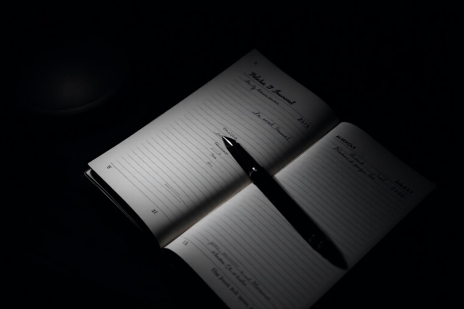 A ruled ledger open under a single desk lamp, a pen resting across the page, the handwriting deliberately unreadable.