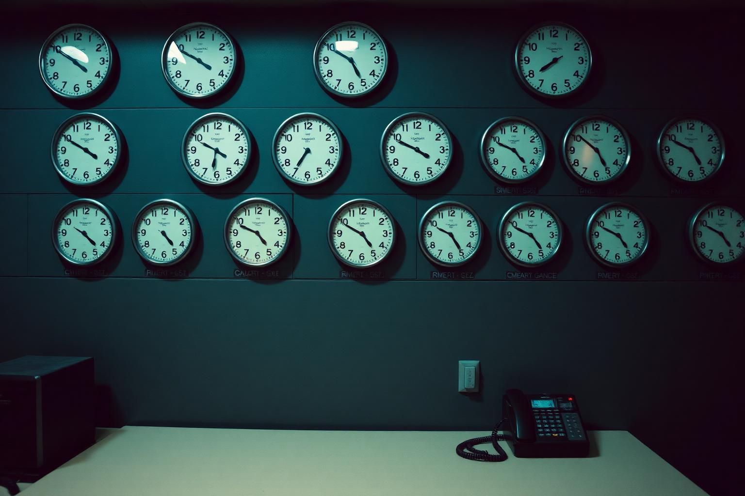 A wall of analogue clocks showing different hours above a quiet operations counter with a single telephone handset.
